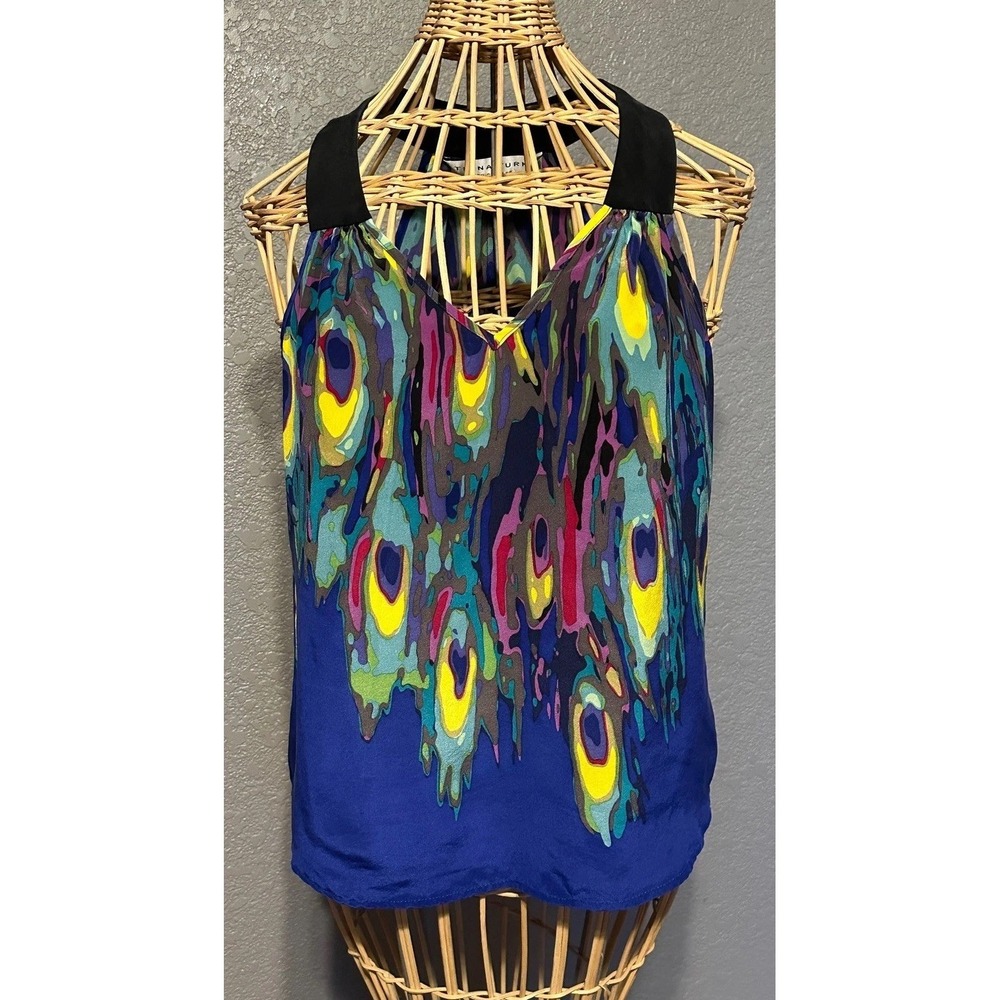 Trina Turk Silk Halter Top Blue Peacock Print V-Neck Women S Whimsigoth - Picture 2 of 15
